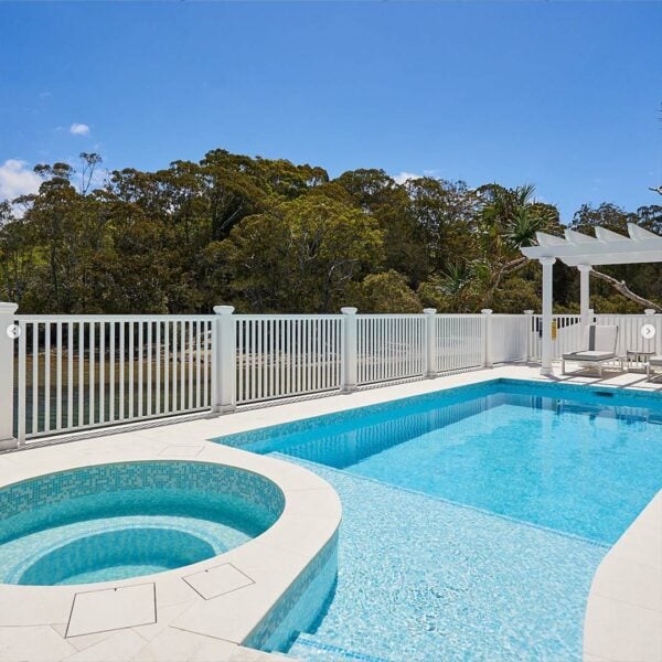 Three HIDE Skimmer Covers and Access Covers around curved pool and spa.