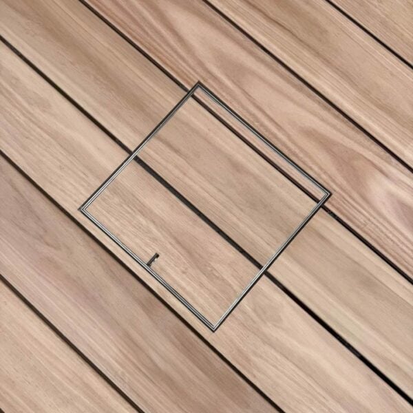 HIDE Access Cover with timber decking inlay. Timber grain runs through HIDE Cover to create a completely seamless finish.