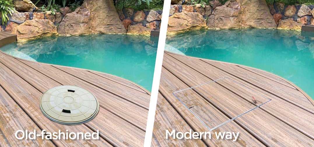 Old plastic lid an eye-saw compared to a HIDE Skimmer Cover blending into the pool deck